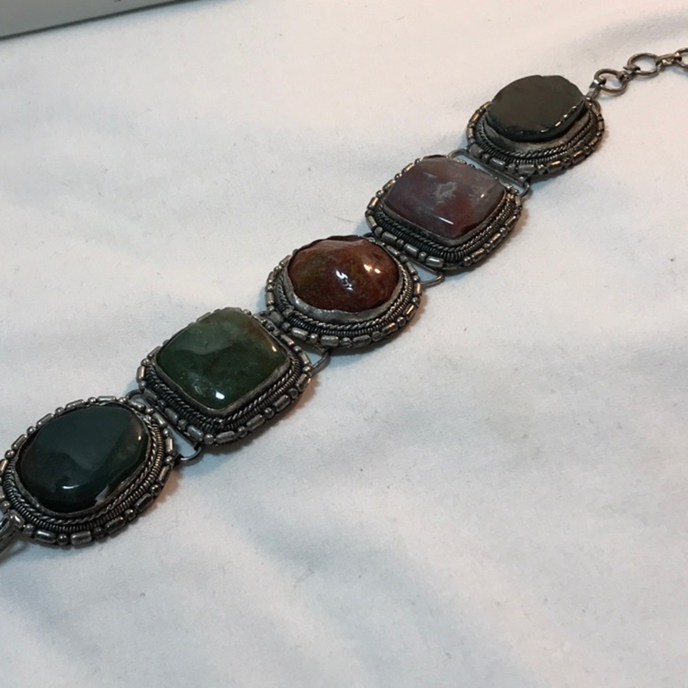 Stone bracelet, India, silver tone, 9 in length, hook clasp